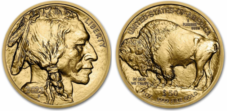Złota moneta Amerykański Bizon - awers i rewers.