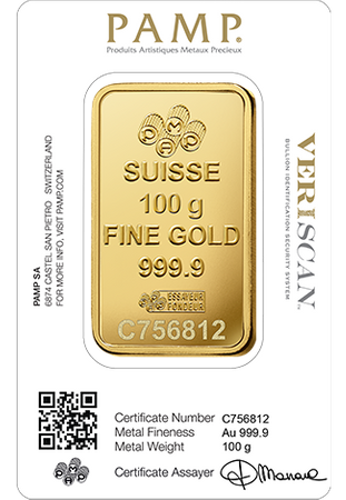 Sztabka złota PAMP 100 g (48h)