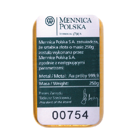 Sztabka złota Mennica Polska 250 g (48h) 